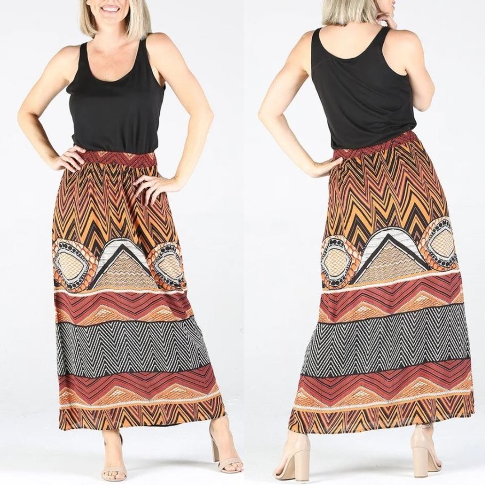 Nostalgia Aztec Print Maxi Skirt NWT • Rayon • Orange Black Red White • Long